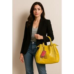 Louis Cardy Yellow Croc Embossed Tote Bag with Tassel Accent